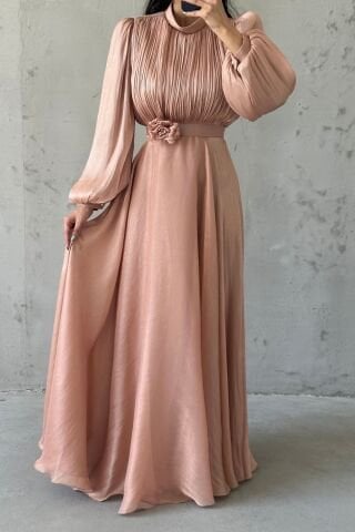 Modern Tasarım Broş Detaylı Tesettür Abiye Bakır