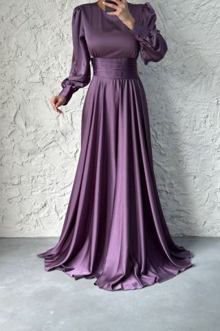 Belted Long Satin Hijab Evening Dress Lilac