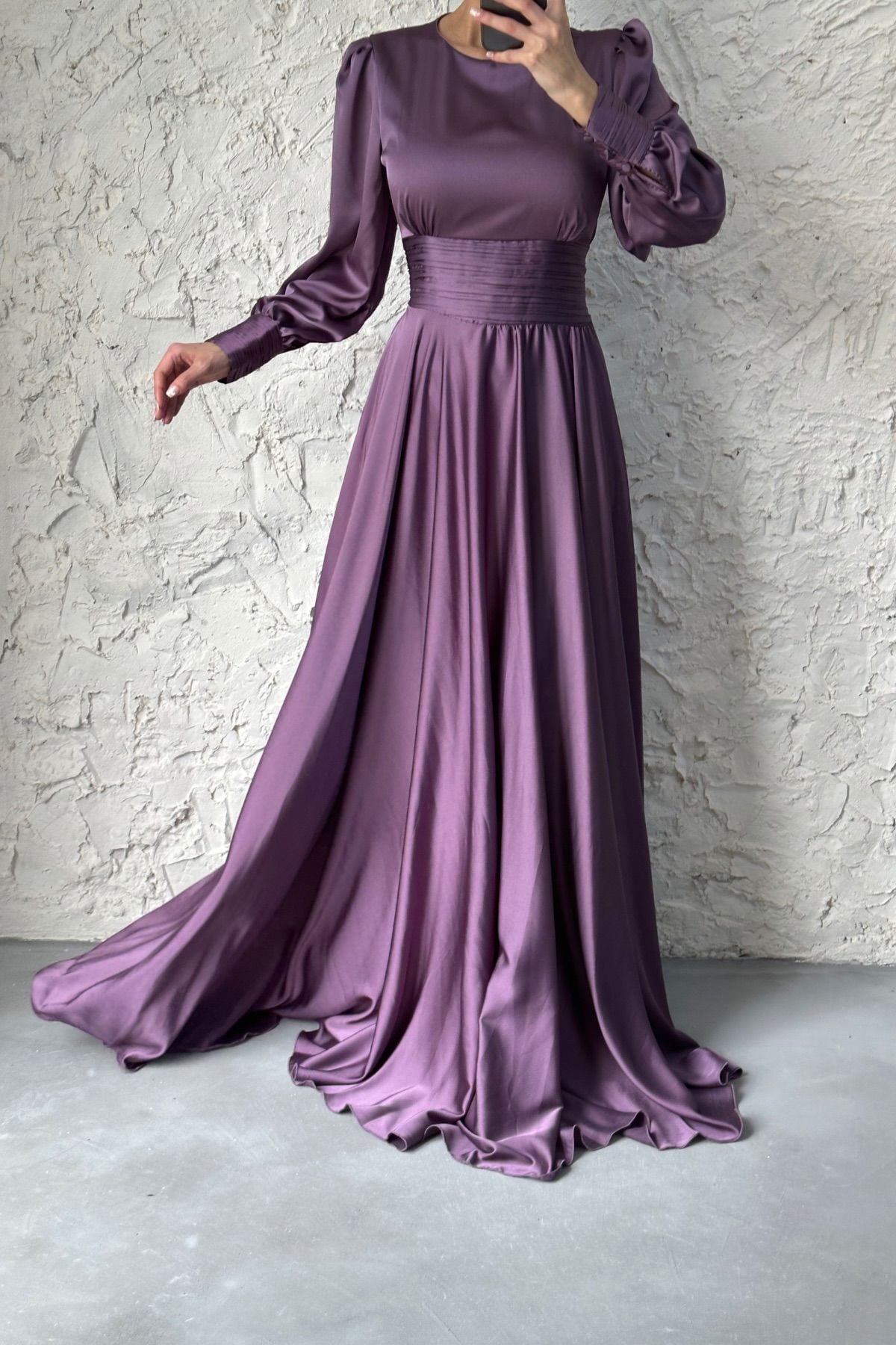 Belted Long Satin Hijab Evening Dress Lilac