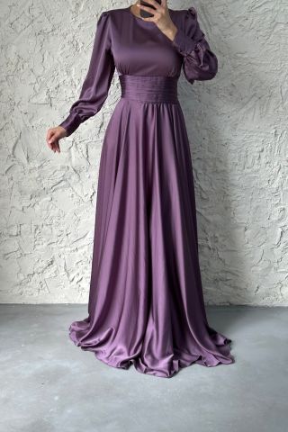 Belted Long Satin Hijab Evening Dress Lilac