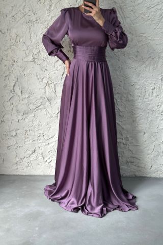Belted Long Satin Hijab Evening Dress Lilac