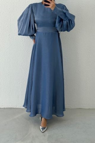 Tesettürde Şıklık: Balon Kol Belden Bağlama Organze Abiye İndigo