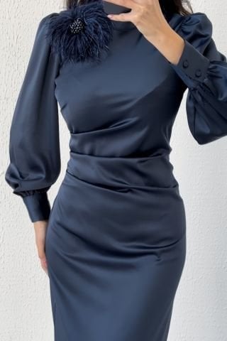 Removable Feather Detailed Satin Hijab Evening Dress Navy Blue