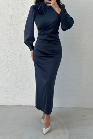 Removable Feather Detailed Satin Hijab Evening Dress Navy Blue