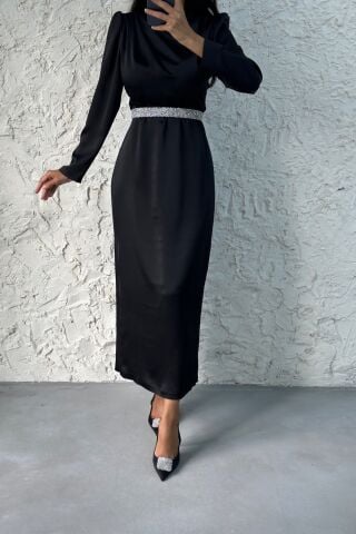 Satin Basic Belt Stoned Hijab Evening Dress Black