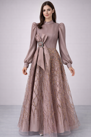 Işıltılı Aslet Saten Tesettür Abiye Pudra