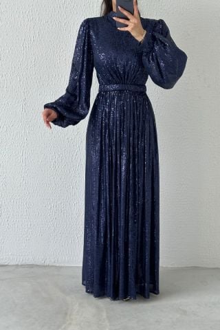 Balloon Sleeve Sequined Hijab Evening Dress Navy Blue