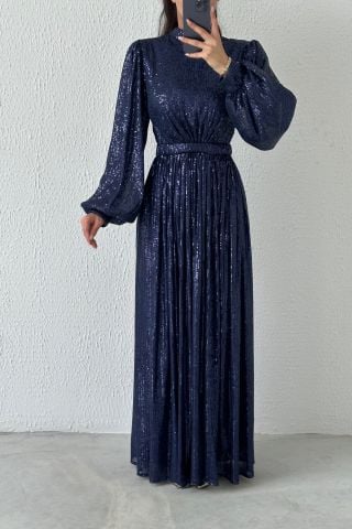Balloon Sleeve Sequined Hijab Evening Dress Navy Blue