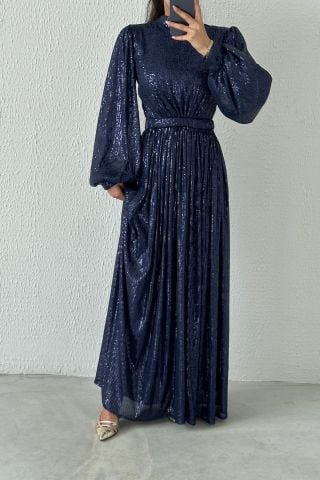 Balloon Sleeve Sequined Hijab Evening Dress Navy Blue