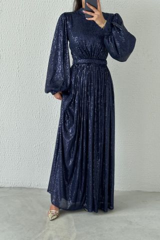 Balon Kol Pul Payet Tesettür Abiye Lacivert