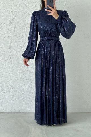 Balloon Sleeve Sequined Hijab Evening Dress Navy Blue