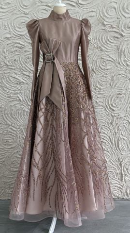 Işıltılı Asalet Saten Tesettür Abiye Pudra