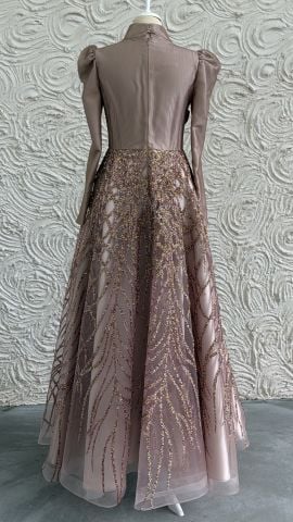 Işıltılı Asalet Saten Tesettür Abiye Pudra