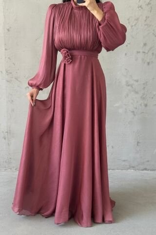 Modern Tasarım Broş Detaylı Tesettür Abiye Gül Kurusu