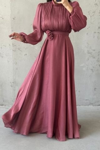 Modern Tasarım Broş Detaylı Tesettür Abiye Gül Kurusu