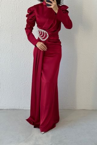 Unique Sendi Fabric Hijab Evening Dress with Fine Details Claret Red