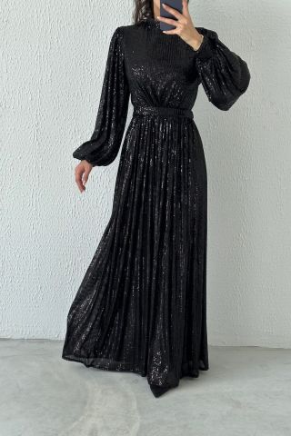 Balon Kol Pul Payet Tesettür Abiye Siyah