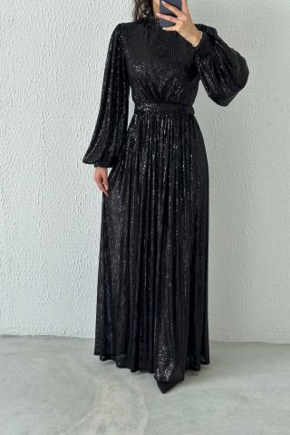 Balon Kol Pul Payet Tesettür Abiye Siyah
