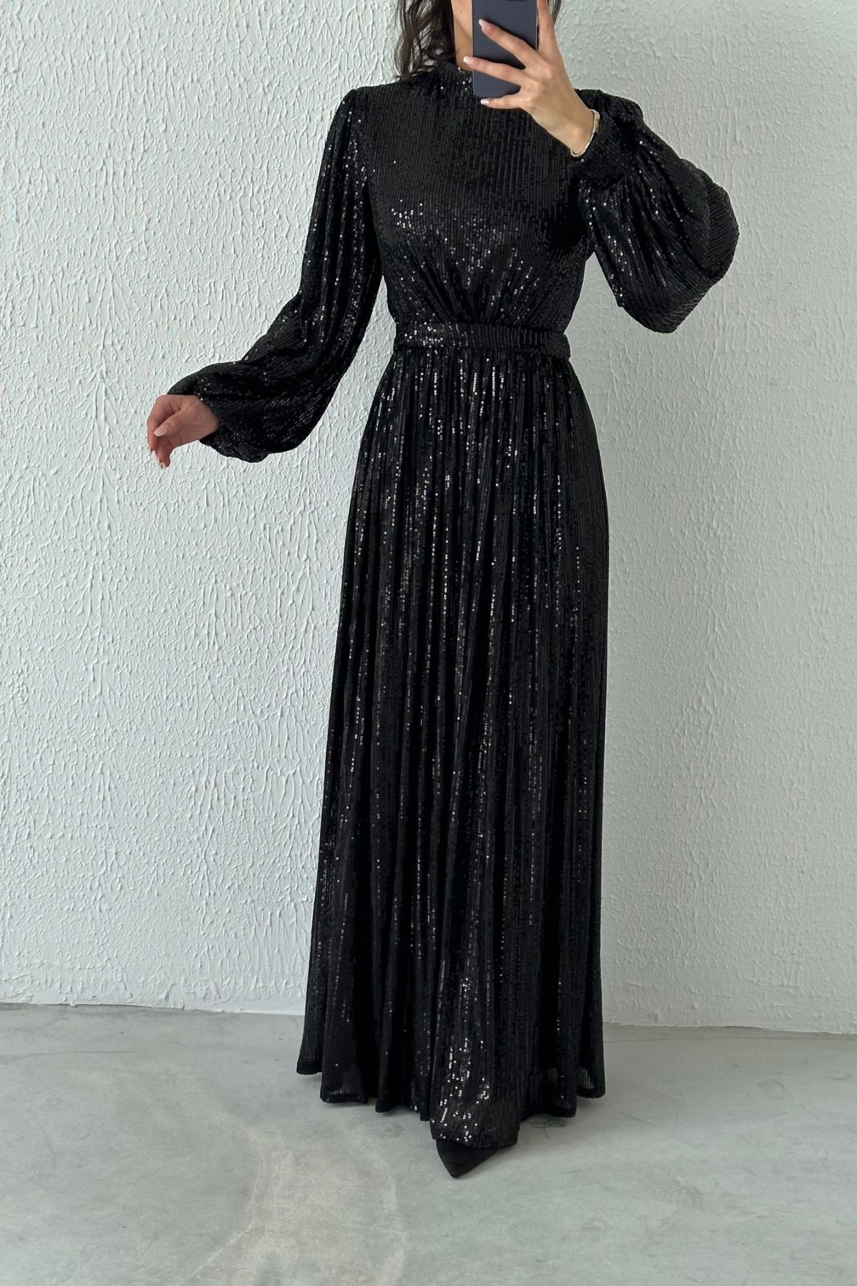 Balon Kol Pul Payet Tesettür Abiye Siyah