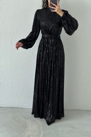 Balon Kol Pul Payet Tesettür Abiye Siyah