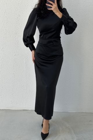 Removable Feather Detailed Satin Hijab Evening Dress Black
