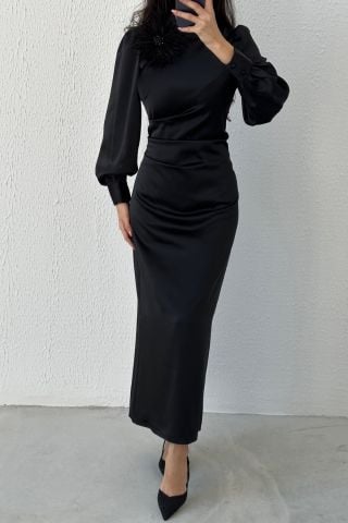 Removable Feather Detailed Satin Hijab Evening Dress Black