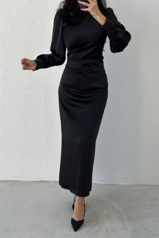 Removable Feather Detailed Satin Hijab Evening Dress Black