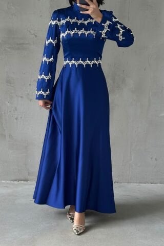 فستان سهرة ساتان مطرز بأحجار مخططة، أزرق ساكسوني