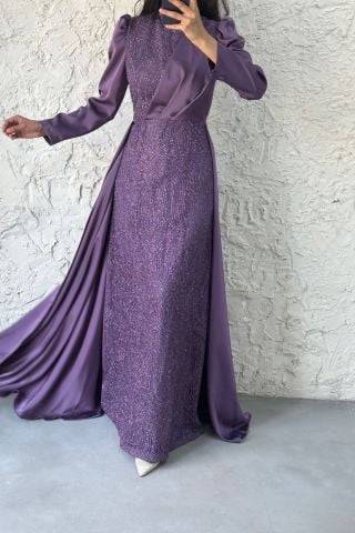 Simli Pelerin Detaylı Saten Tesettür Abiye Lila