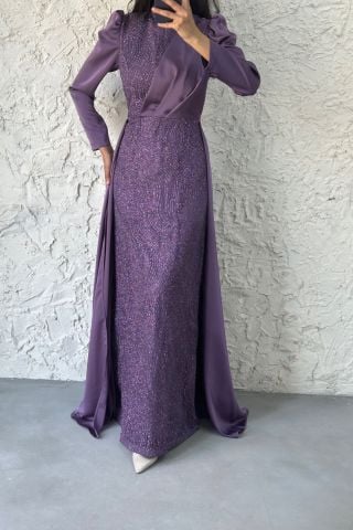 Simli Pelerin Detaylı Saten Tesettür Abiye Lila