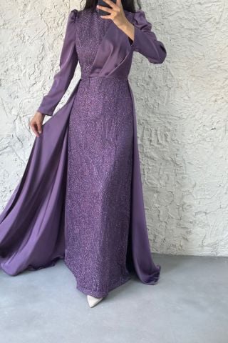 Simli Pelerin Detaylı Saten Tesettür Abiye Lila