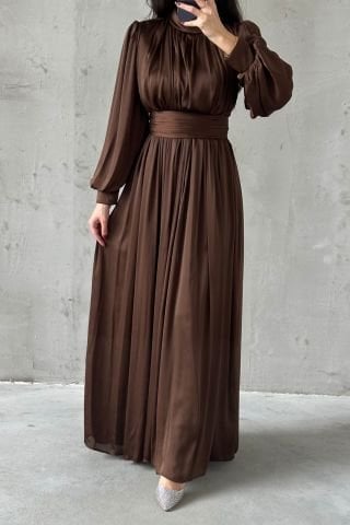 Elegant Pleated Organza Modest Evening Dress Light Brown