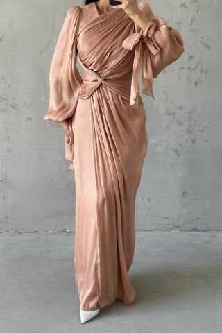 Elegant Design Drape Detailed Hijab Evening Dress Copper