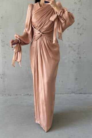 Elegant Design Drape Detailed Hijab Evening Dress Copper