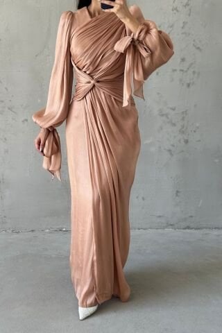 Elegant Design Drape Detailed Hijab Evening Dress Copper