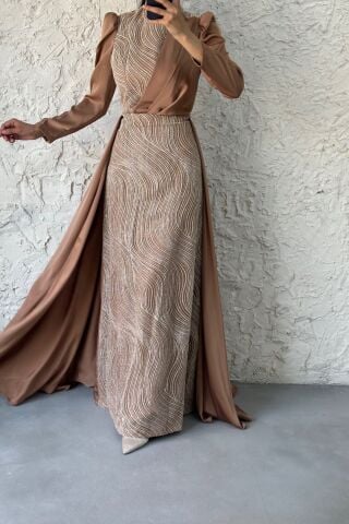 Simli Pelerin Detaylı Saten Tesettür Abiye Bakır