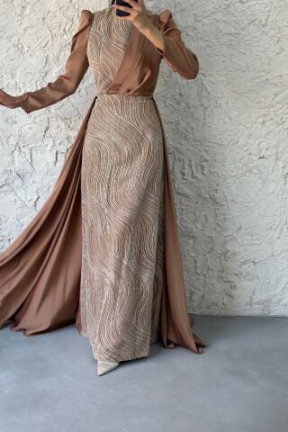 Simli Pelerin Detaylı Saten Tesettür Abiye Bakır