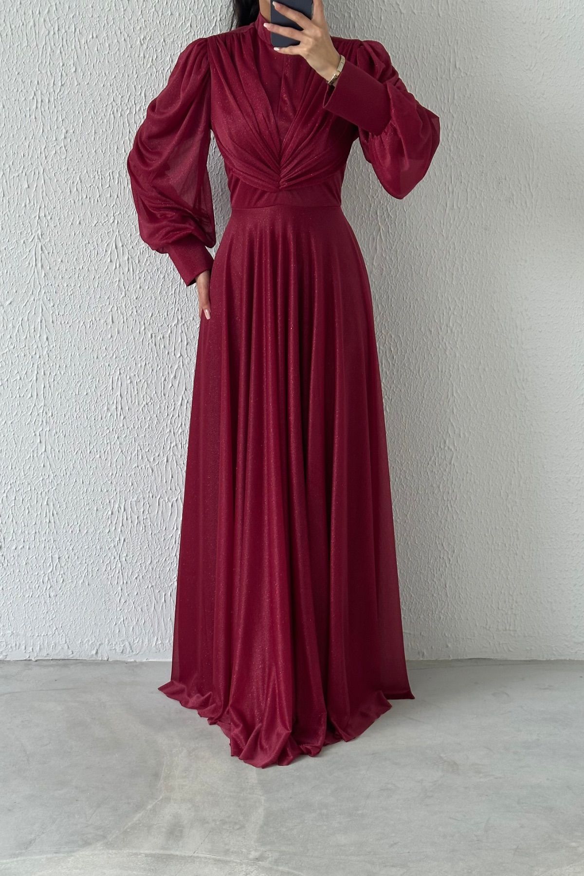 Drape Detaylı Simli Tesettür Abiye Bordo