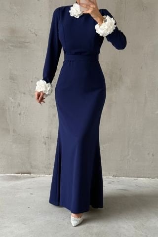 Flowing Crepe Fabric Rose Detailed Hijab Evening Dress Navy Blue