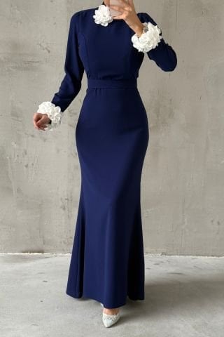 Flowing Crepe Fabric Rose Detailed Hijab Evening Dress Navy Blue
