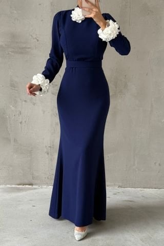 Flowing Crepe Fabric Rose Detailed Hijab Evening Dress Navy Blue