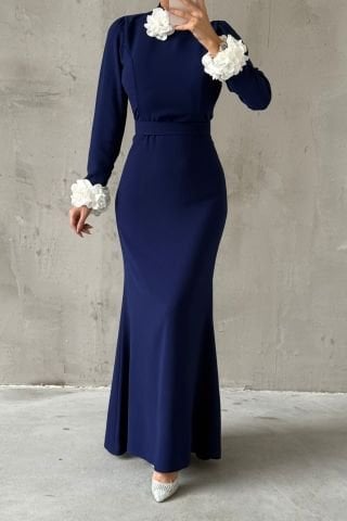 Flowing Crepe Fabric Rose Detailed Hijab Evening Dress Navy Blue