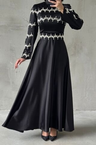 Strip Stone Embroidered Satin Hijab Evening Dress Black