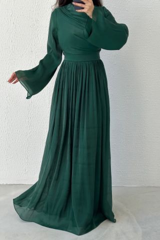 Thin Pleated Skirt Flounce Sleeve Hijab Evening Dress Green