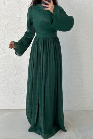 Thin Pleated Skirt Flounce Sleeve Hijab Evening Dress Green