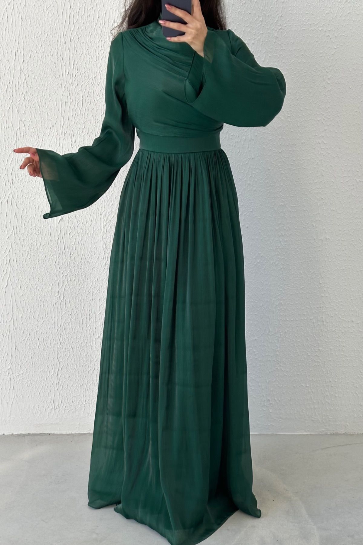 Thin Pleated Skirt Flounce Sleeve Hijab Evening Dress Green