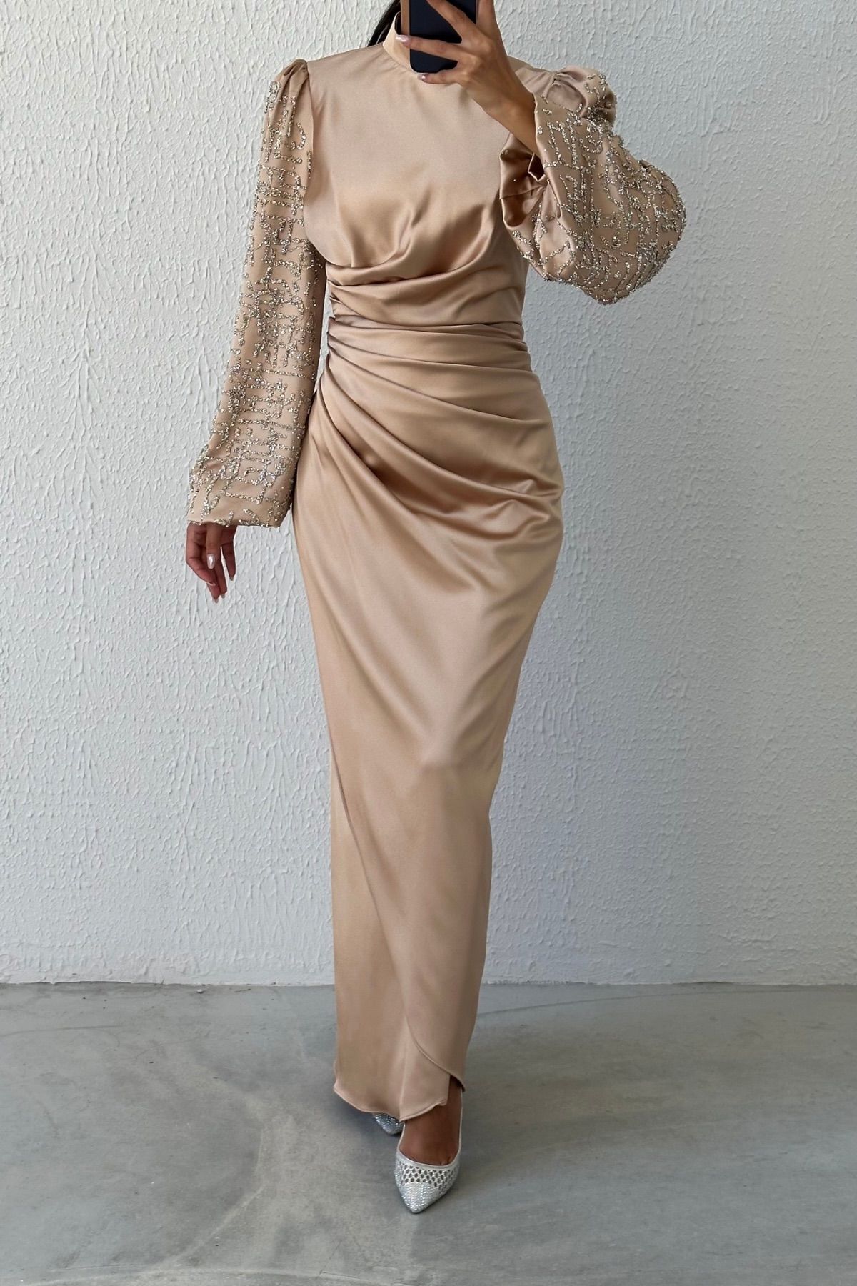 Elegant Stance: Satin Hijab Evening Dress with Stoned Sleeves and Pleats at Waist Gold