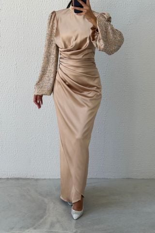 Elegant Stance: Satin Hijab Evening Dress with Stoned Sleeves and Pleats at Waist Gold