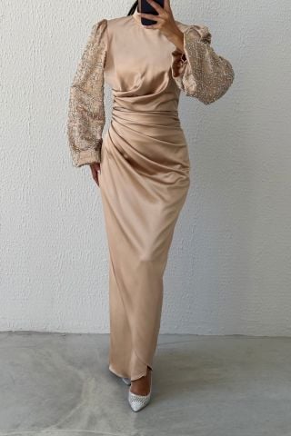 Elegant Stance: Satin Hijab Evening Dress with Stoned Sleeves and Pleats at Waist Gold