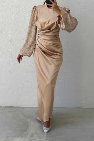 Elegant Stance: Satin Hijab Evening Dress with Stoned Sleeves and Pleats at Waist Gold